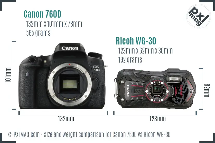 Canon 760D vs Ricoh WG-30 size comparison