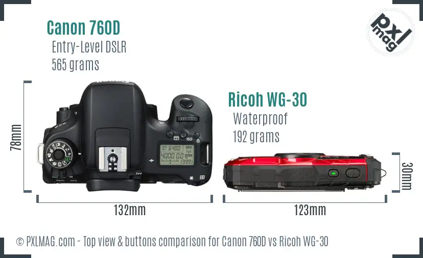 Canon 760D vs Ricoh WG-30 top view buttons comparison