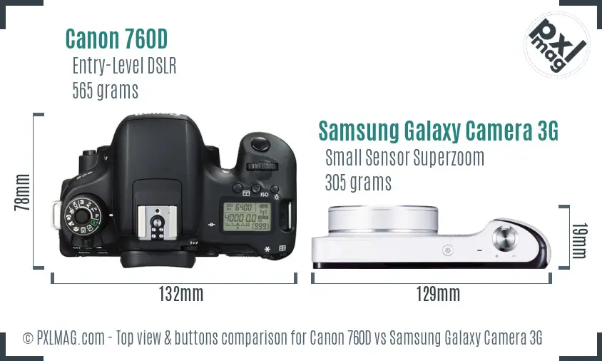 Canon 760D vs Samsung Galaxy Camera 3G top view buttons comparison