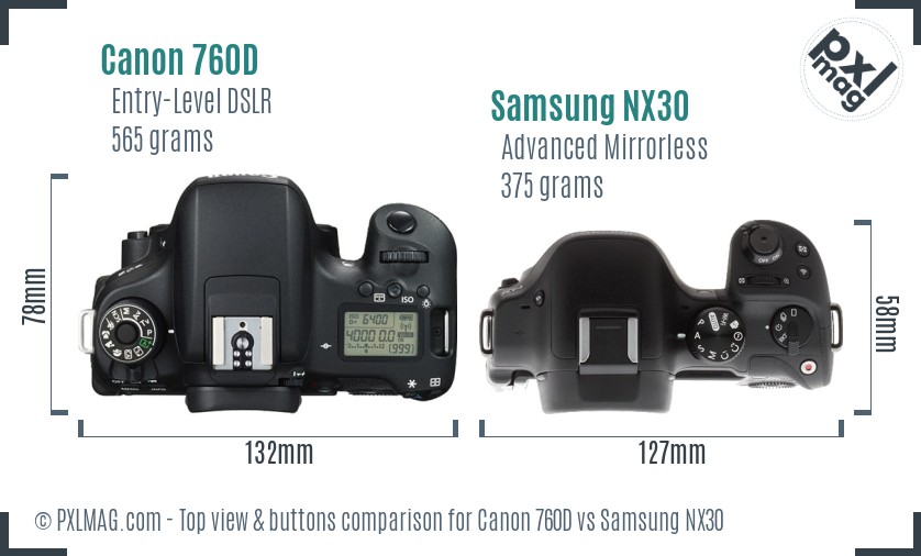 Canon 760D vs Samsung NX30 top view buttons comparison