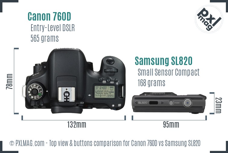Canon 760D vs Samsung SL820 top view buttons comparison