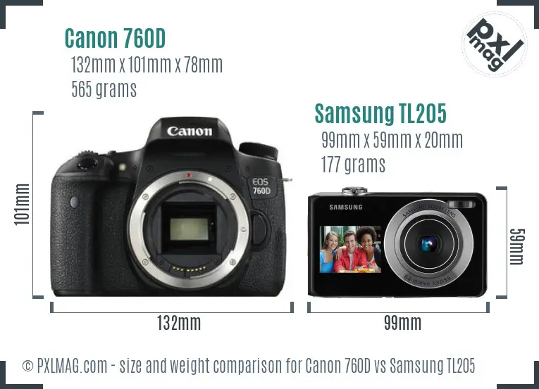 Canon 760D vs Samsung TL205 size comparison