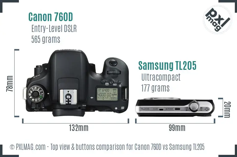 Canon 760D vs Samsung TL205 top view buttons comparison