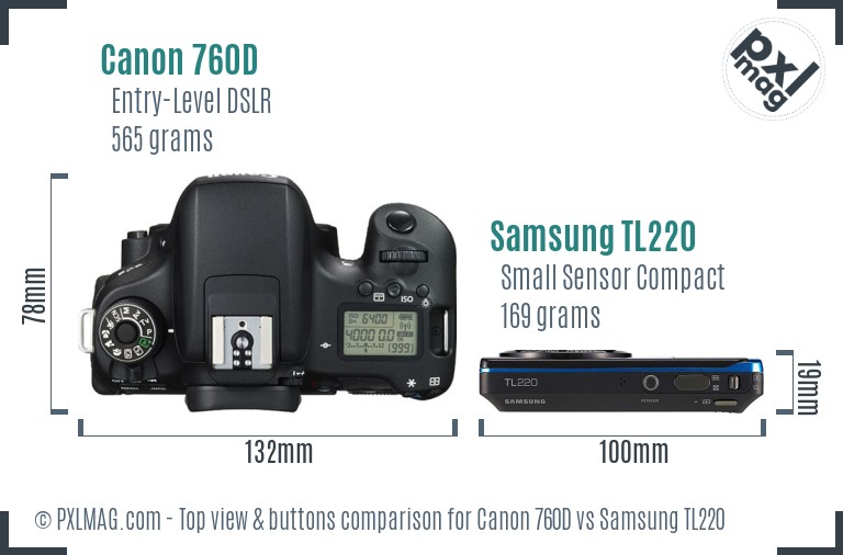 Canon 760D vs Samsung TL220 top view buttons comparison