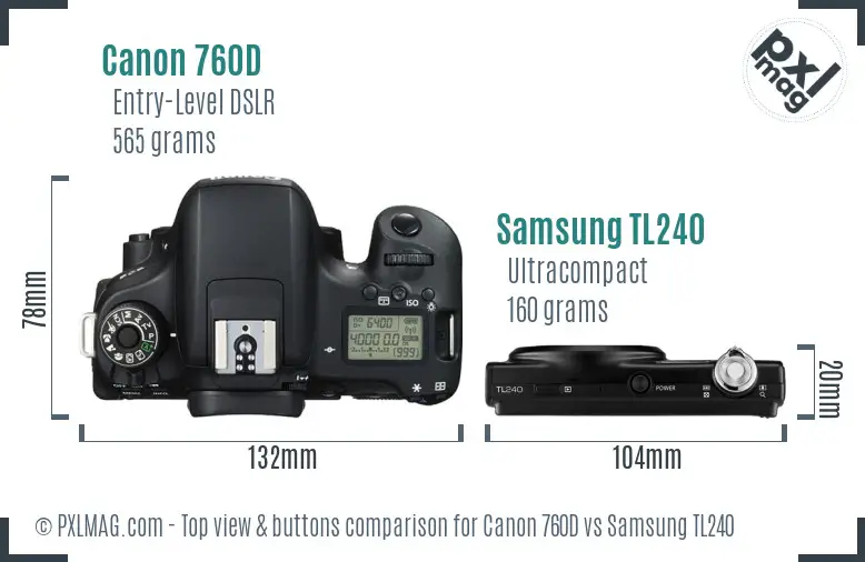 Canon 760D vs Samsung TL240 top view buttons comparison