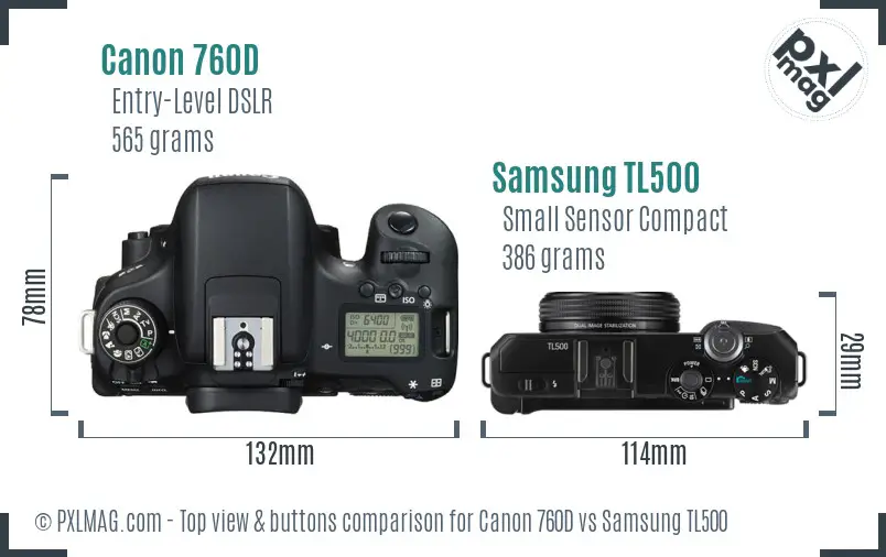 Canon 760D vs Samsung TL500 top view buttons comparison