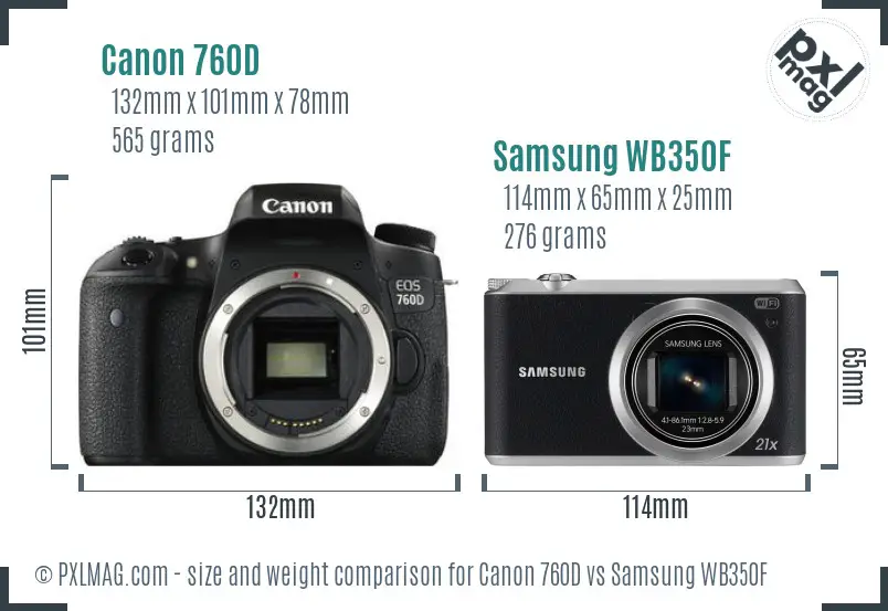 Canon 760D vs Samsung WB350F size comparison