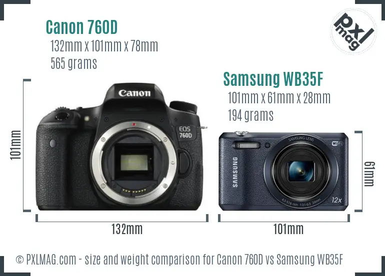 Canon 760D vs Samsung WB35F size comparison