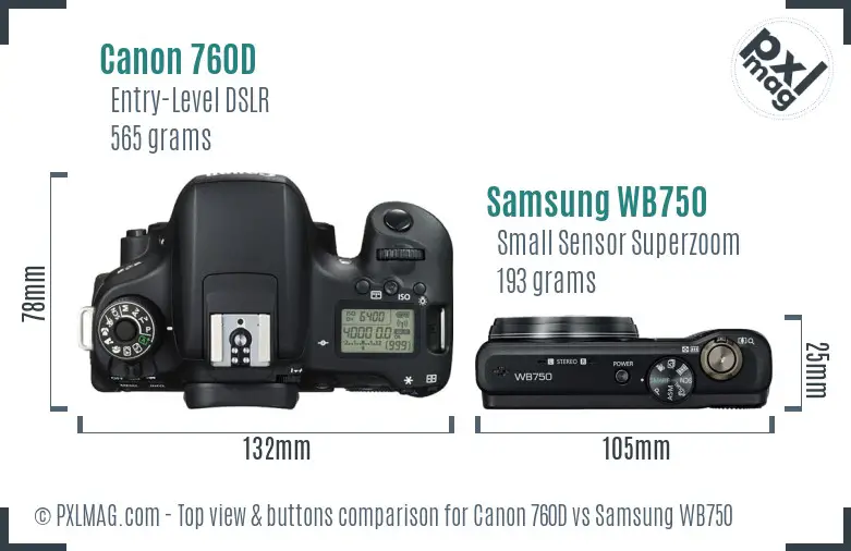 Canon 760D vs Samsung WB750 top view buttons comparison