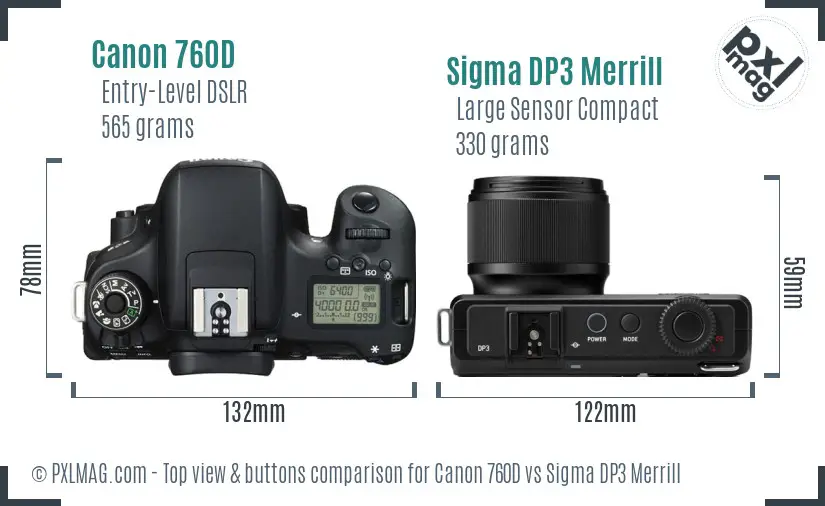 Canon 760D vs Sigma DP3 Merrill top view buttons comparison