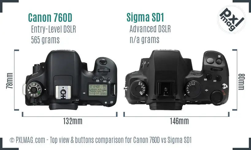 Canon 760D vs Sigma SD1 top view buttons comparison