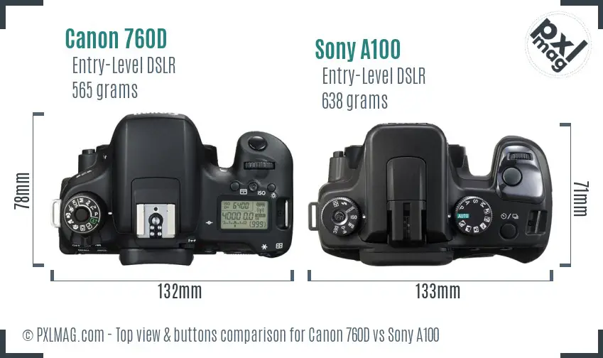 Canon 760D vs Sony A100 top view buttons comparison