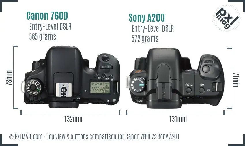 Canon 760D vs Sony A200 top view buttons comparison