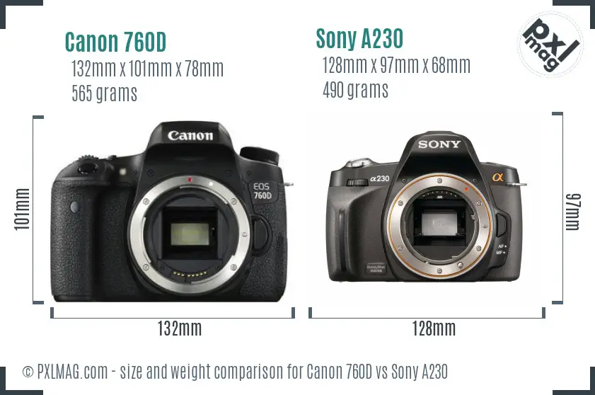 Canon 760D vs Sony A230 size comparison