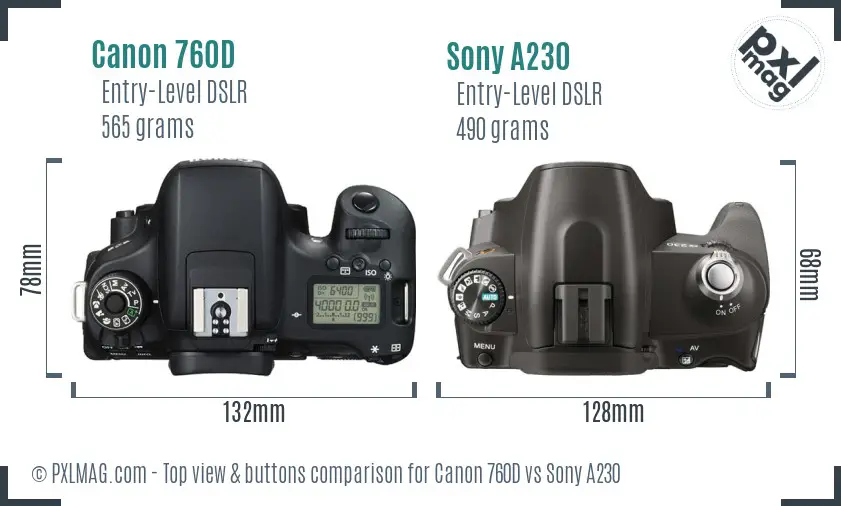 Canon 760D vs Sony A230 top view buttons comparison