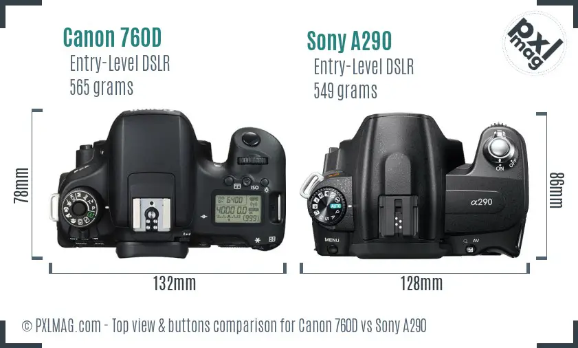 Canon 760D vs Sony A290 top view buttons comparison