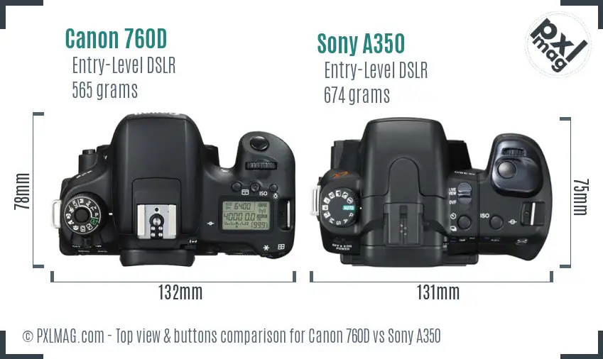 Canon 760D vs Sony A350 top view buttons comparison