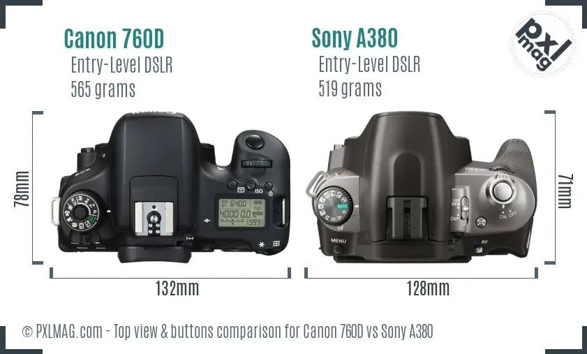 Canon 760D vs Sony A380 top view buttons comparison