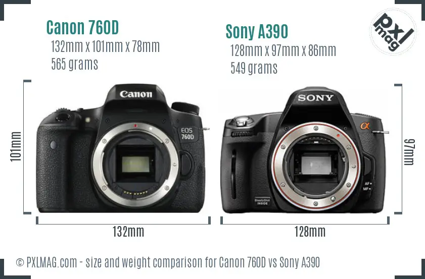 Canon 760D vs Sony A390 size comparison