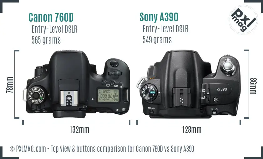 Canon 760D vs Sony A390 top view buttons comparison