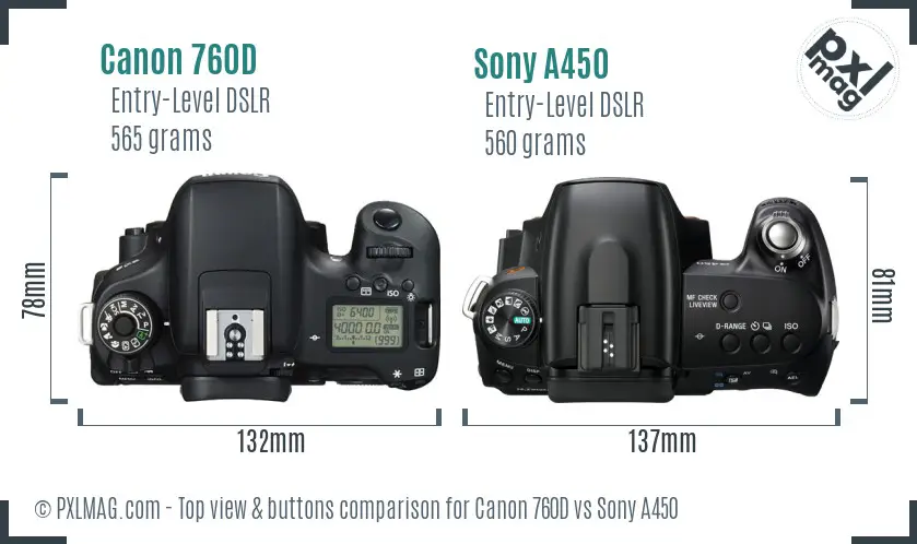 Canon 760D vs Sony A450 top view buttons comparison