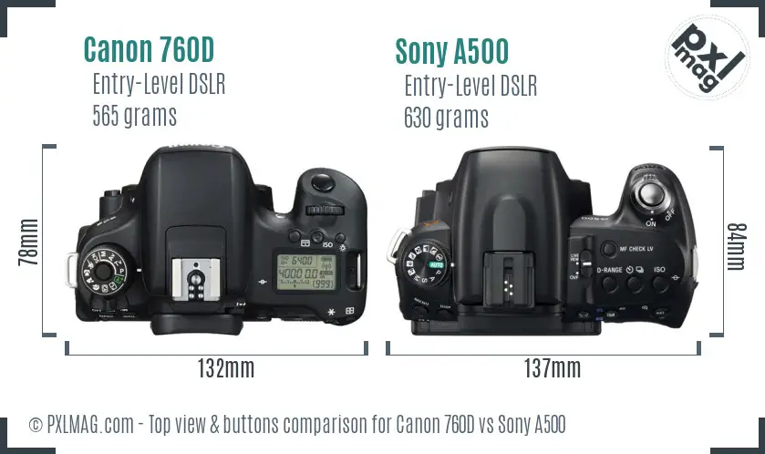 Canon 760D vs Sony A500 top view buttons comparison