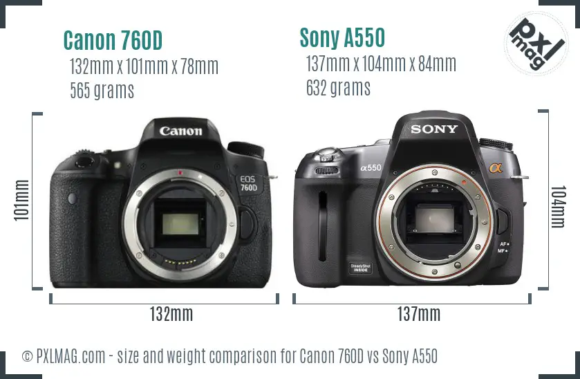 Canon 760D vs Sony A550 size comparison