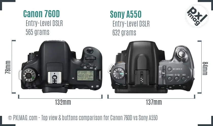 Canon 760D vs Sony A550 top view buttons comparison