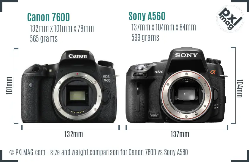 Canon 760D vs Sony A560 size comparison