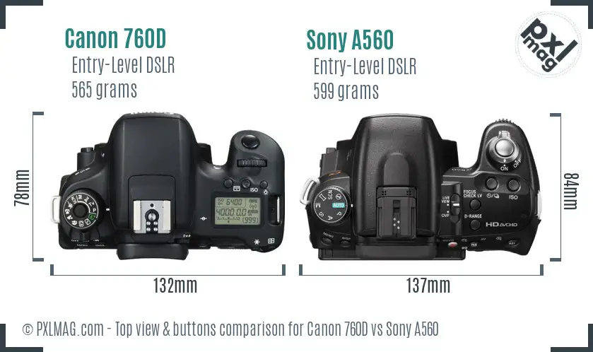 Canon 760D vs Sony A560 top view buttons comparison