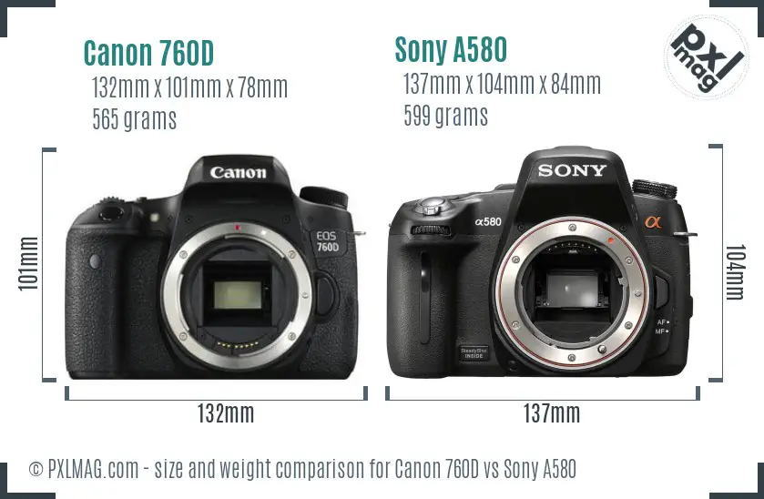 Canon 760D vs Sony A580 size comparison