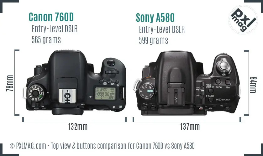 Canon 760D vs Sony A580 top view buttons comparison