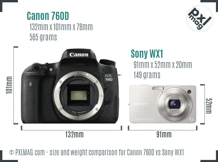 Canon 760D vs Sony WX1 size comparison