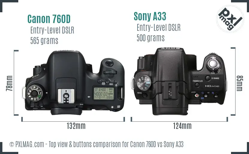 Canon 760D vs Sony A33 top view buttons comparison