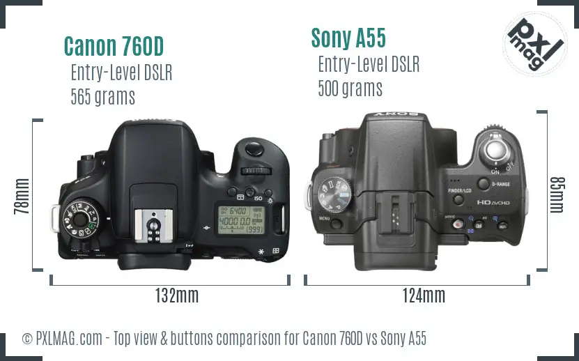 Canon 760D vs Sony A55 top view buttons comparison
