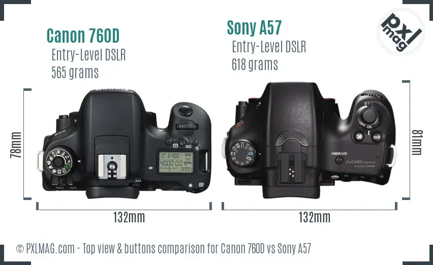 Canon 760D vs Sony A57 top view buttons comparison