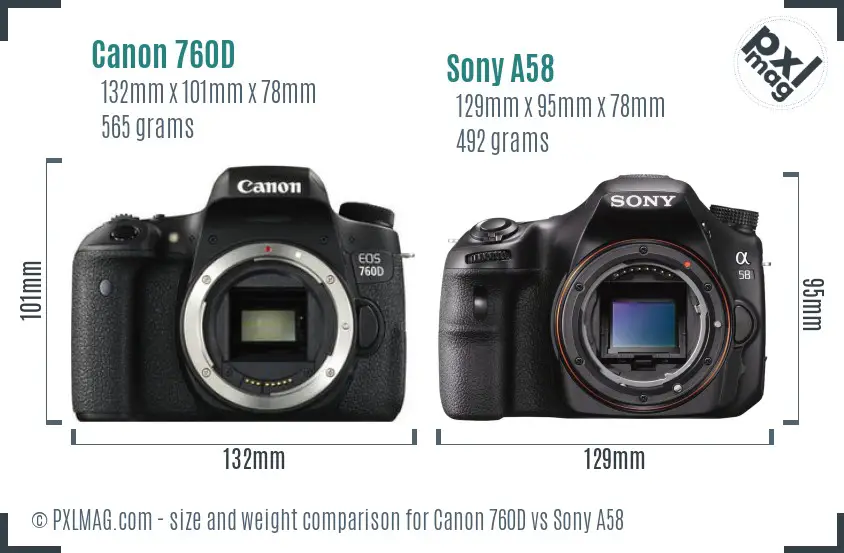 Canon 760D vs Sony A58 size comparison