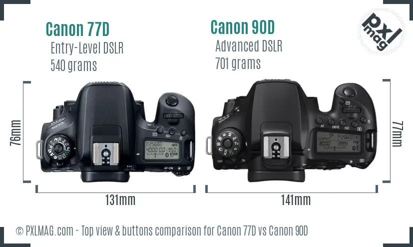 Canon 77D vs Canon 90D top view buttons comparison