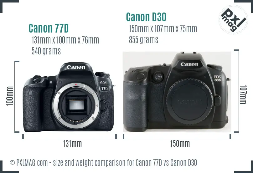 Canon 77D vs Canon D30 size comparison