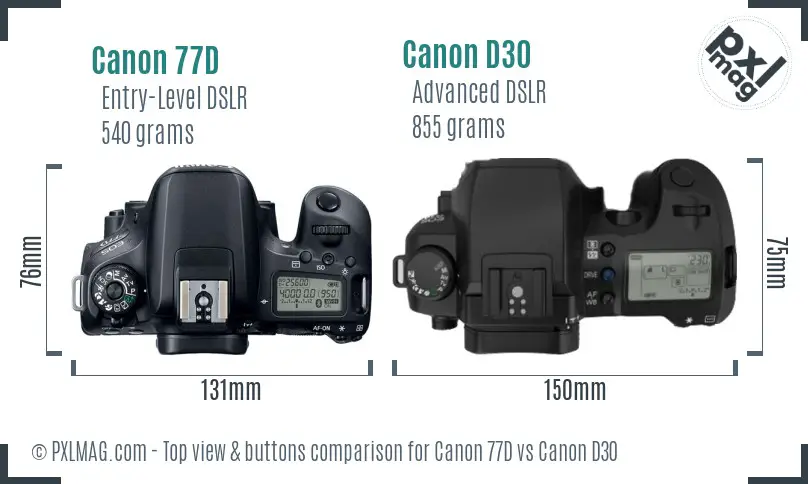 Canon 77D vs Canon D30 top view buttons comparison