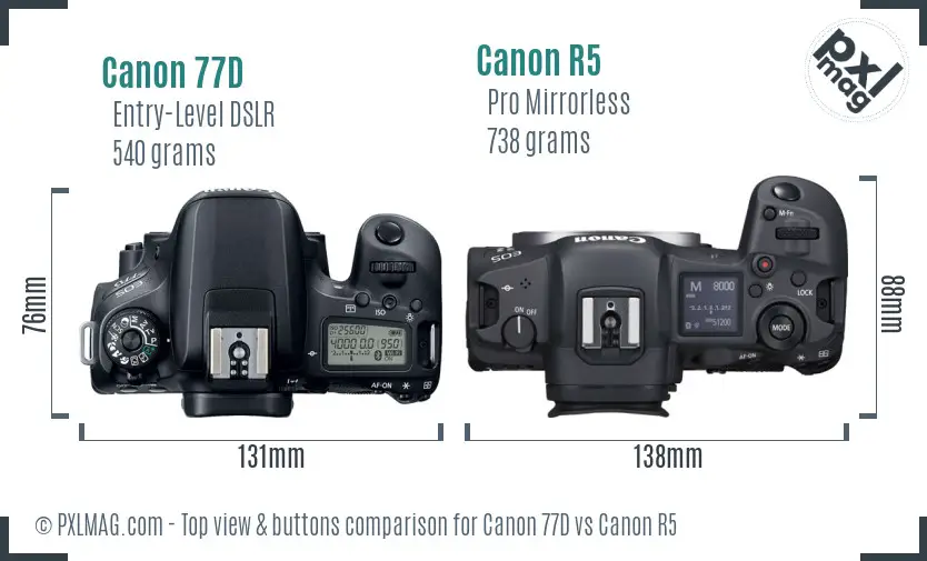 Canon 77D vs Canon R5 top view buttons comparison Canon 77D vs Canon R5 top view buttons comparison