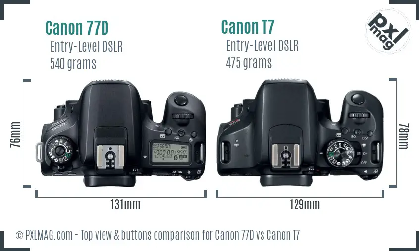 Canon 77D vs Canon T7 top view buttons comparison