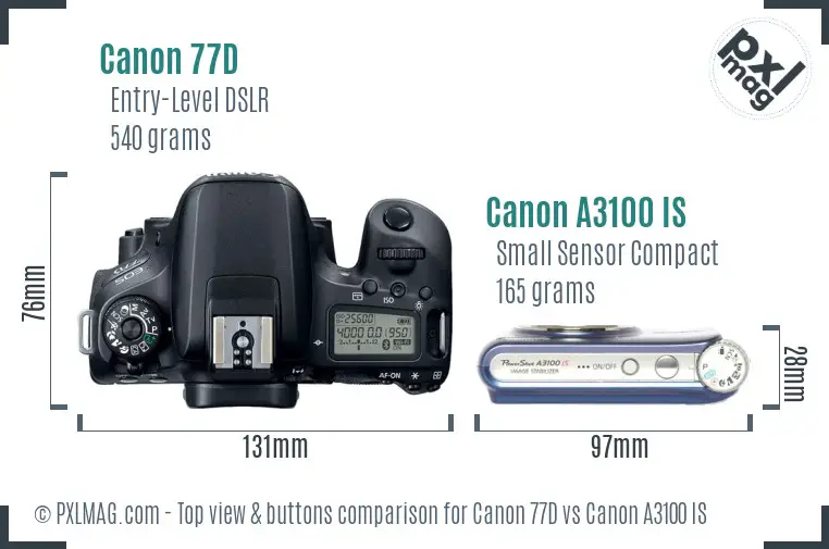 Canon 77D vs Canon A3100 IS top view buttons comparison