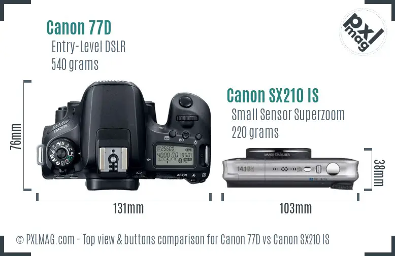 Canon 77D vs Canon SX210 IS top view buttons comparison Canon 77D vs Canon SX210 IS top view buttons comparison