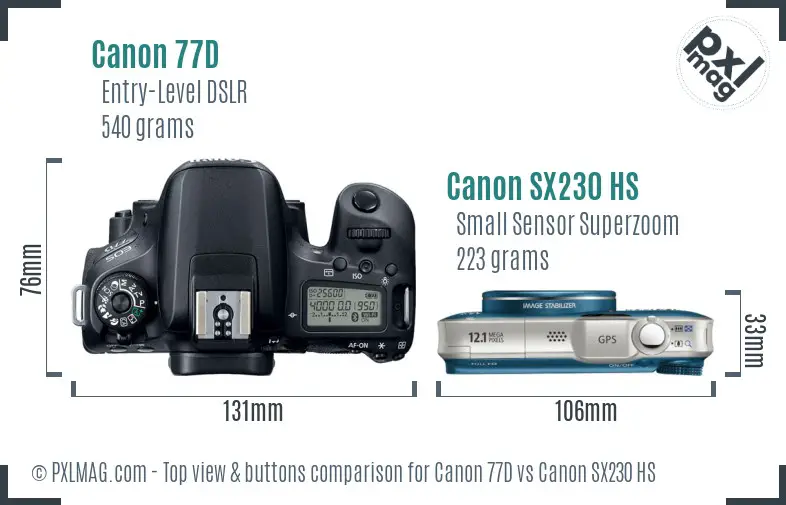 Canon 77D vs Canon SX230 HS top view buttons comparison