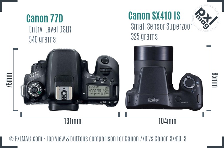 Canon 77D vs Canon SX410 IS top view buttons comparison