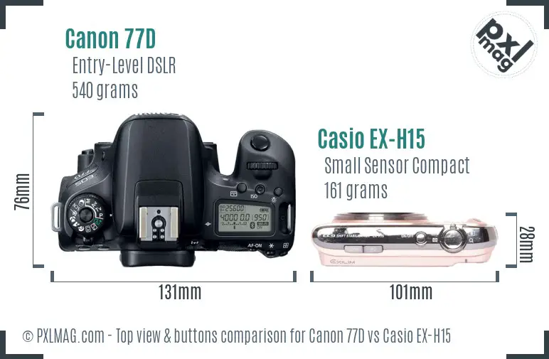 Canon 77D vs Casio EX-H15 top view buttons comparison