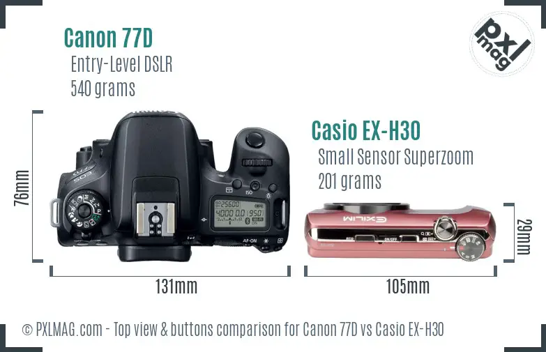 Canon 77D vs Casio EX-H30 top view buttons comparison