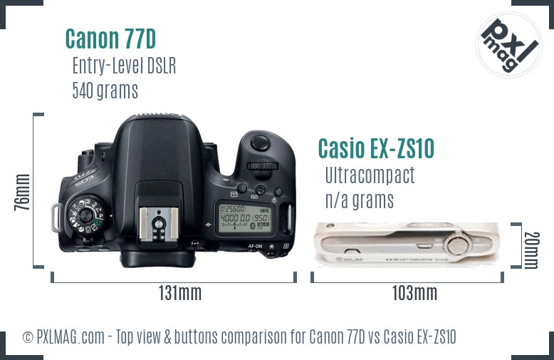 Canon 77D vs Casio EX-ZS10 top view buttons comparison