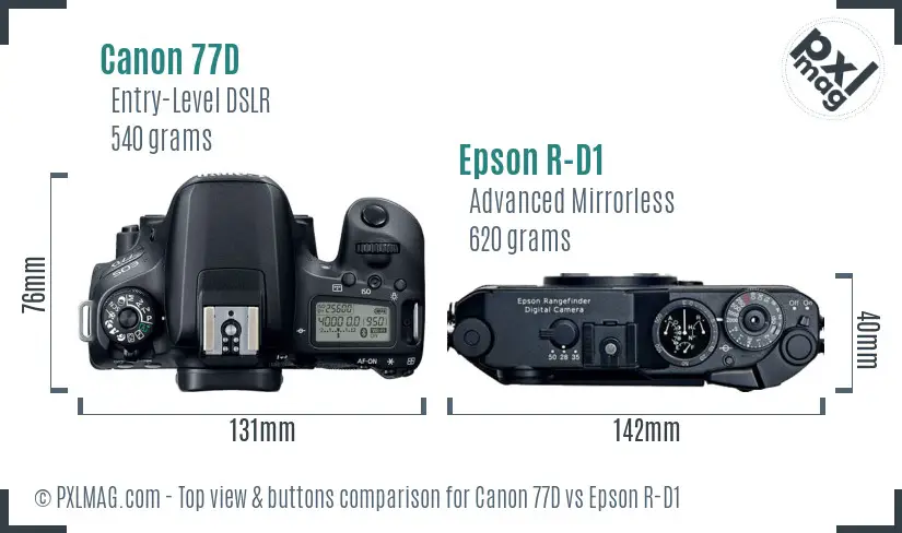 Canon 77D vs Epson R-D1 top view buttons comparison